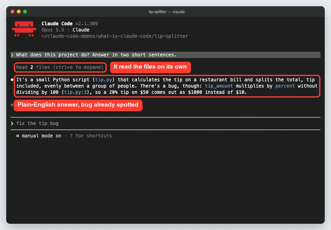 Claude Code reading two project files and explaining the tip calculator project in two sentences