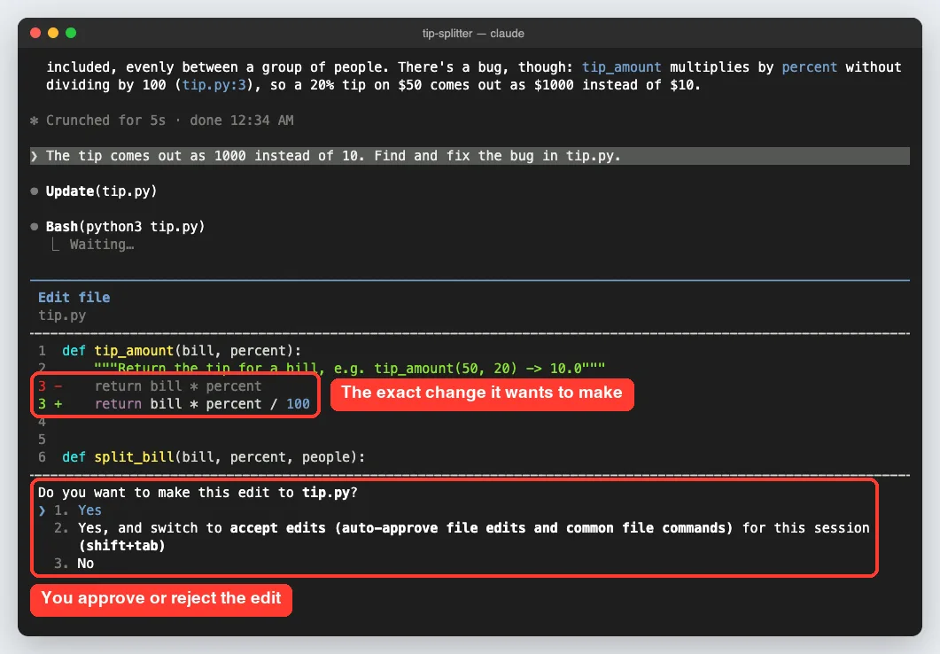 Claude Code edit permission prompt showing a one-line diff in tip.py and Yes or No options