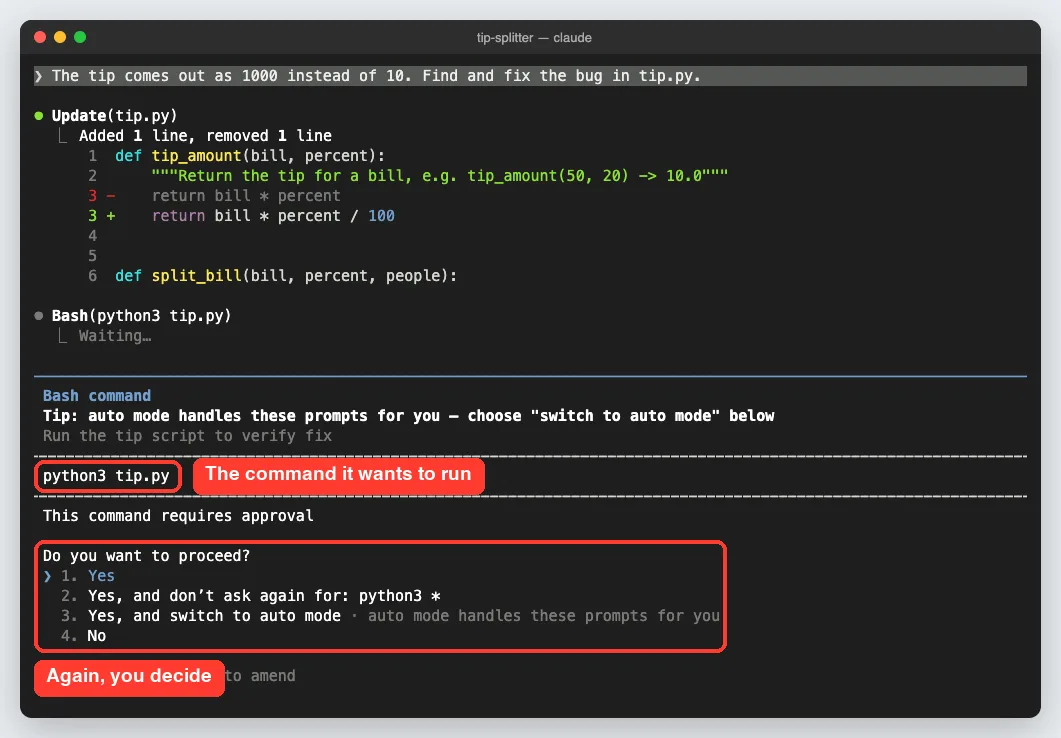 Claude Code asking permission to run the bash command python3 tip.py