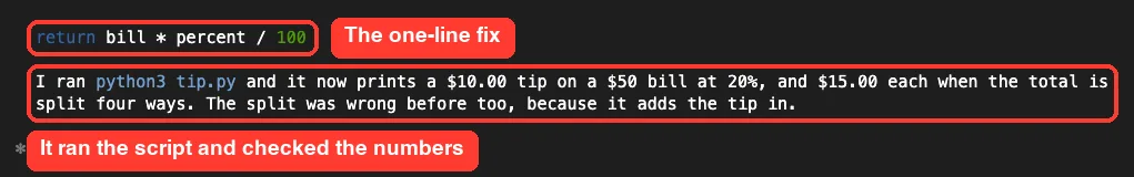 Claude Code result after running tip.py showing a 10 dollar tip and 15 dollars each