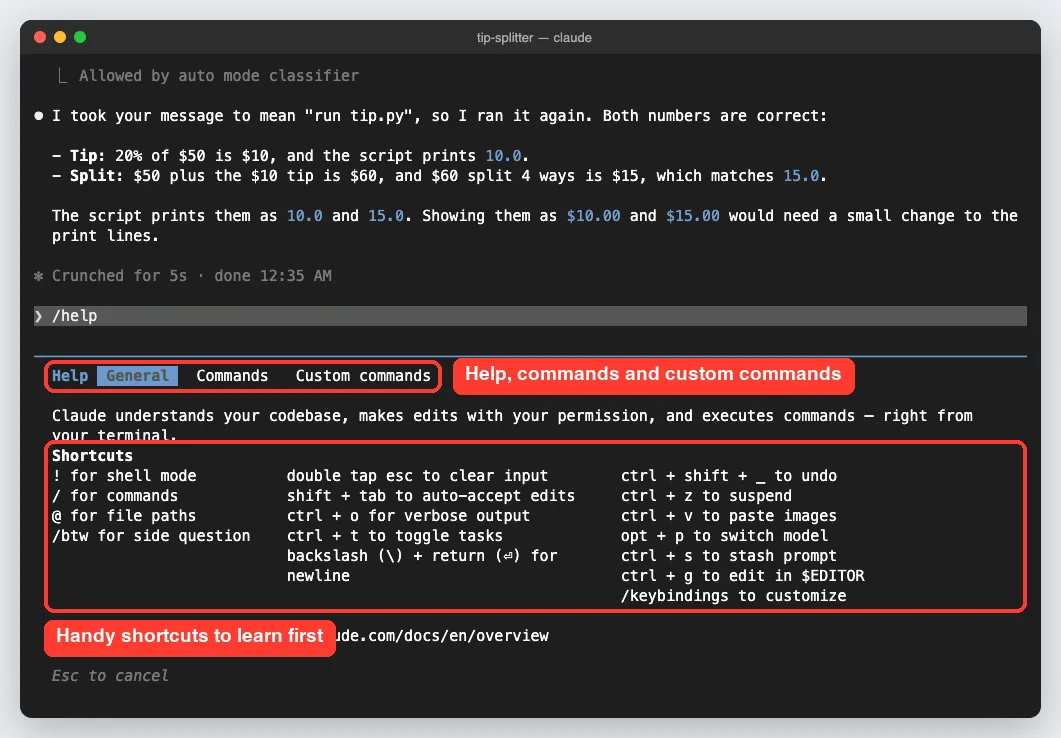 Claude Code help menu in the terminal listing shortcuts like shell mode, slash commands and file paths