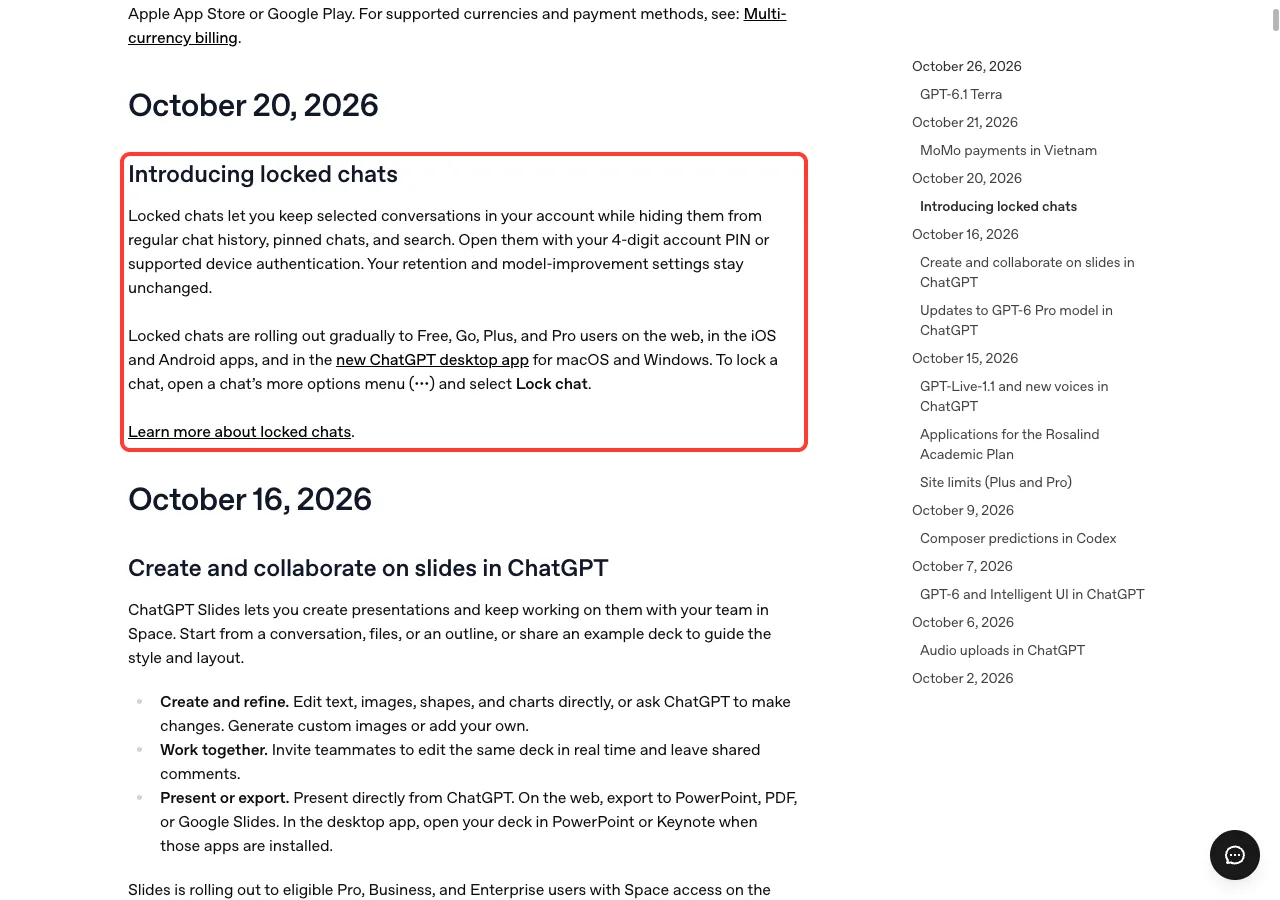 ChatGPT release notes page with the October 20, 2026 locked chats entry highlighted in a red box