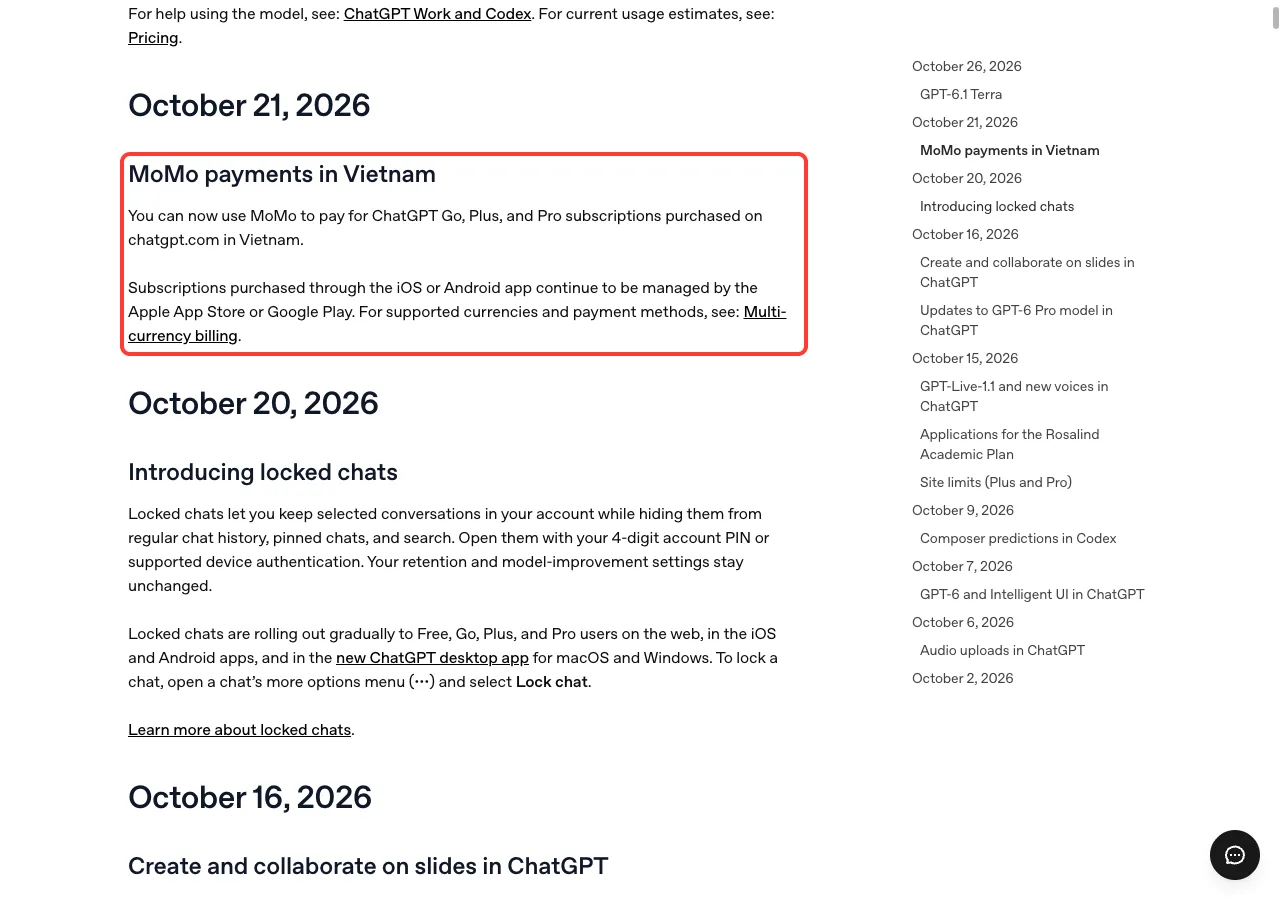 ChatGPT release notes page with the October 21, 2026 MoMo payments in Vietnam entry highlighted in a red box