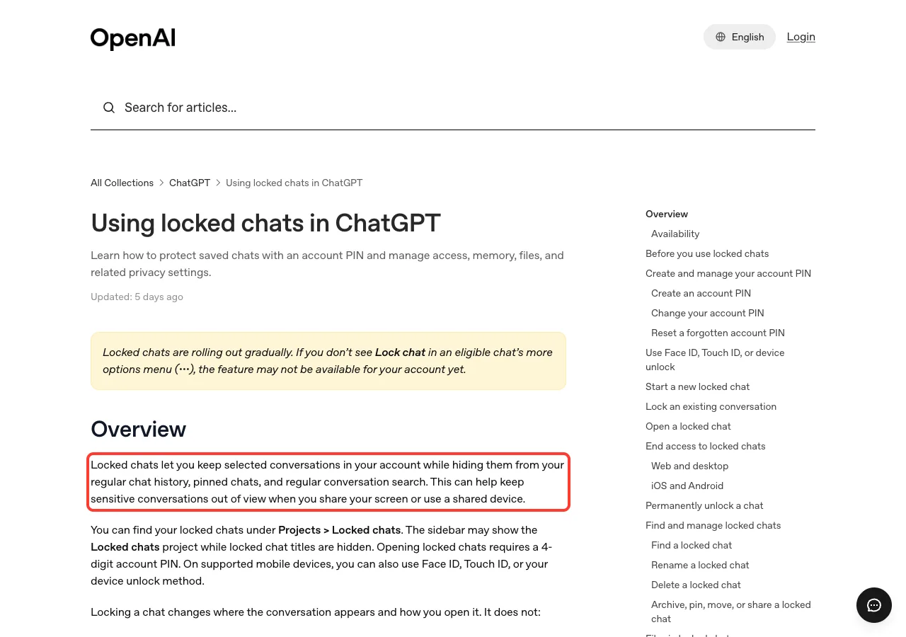 OpenAI help article Using locked chats in ChatGPT with the overview paragraph highlighted in a red box
