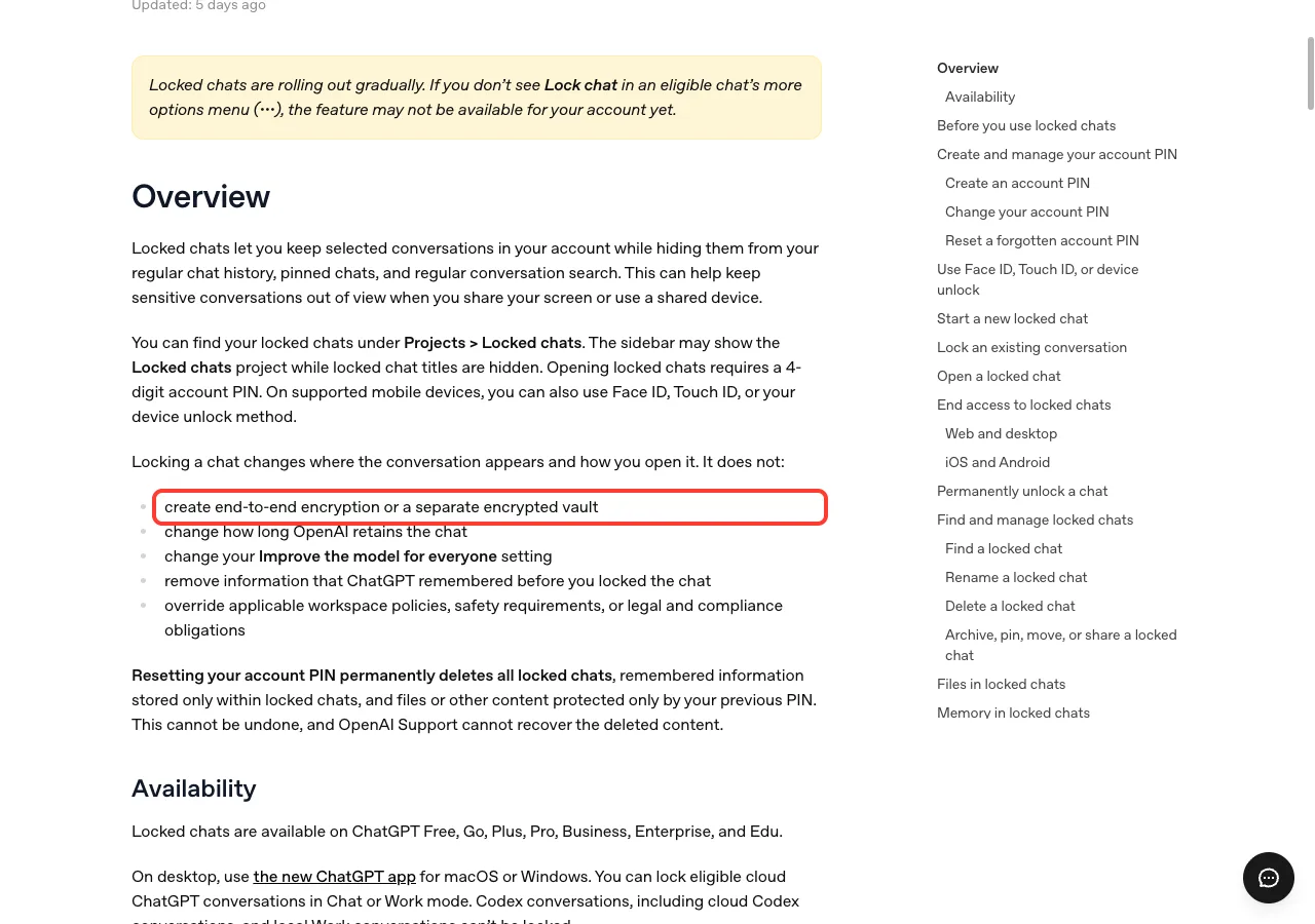 Help article list of what locking a chat does not do, with the encrypted vault line highlighted in a red box