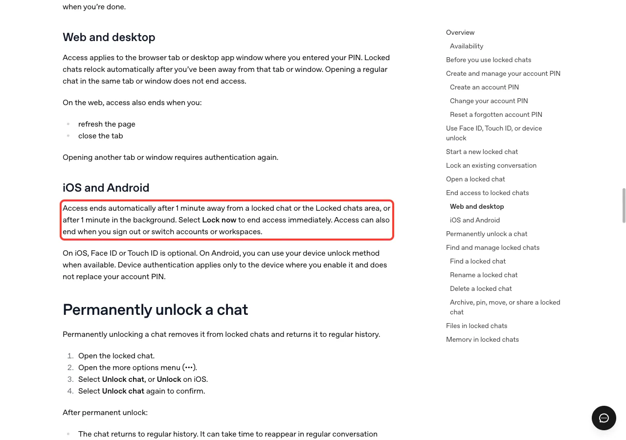 Help article section on iOS and Android access ending after 1 minute, highlighted in a red box