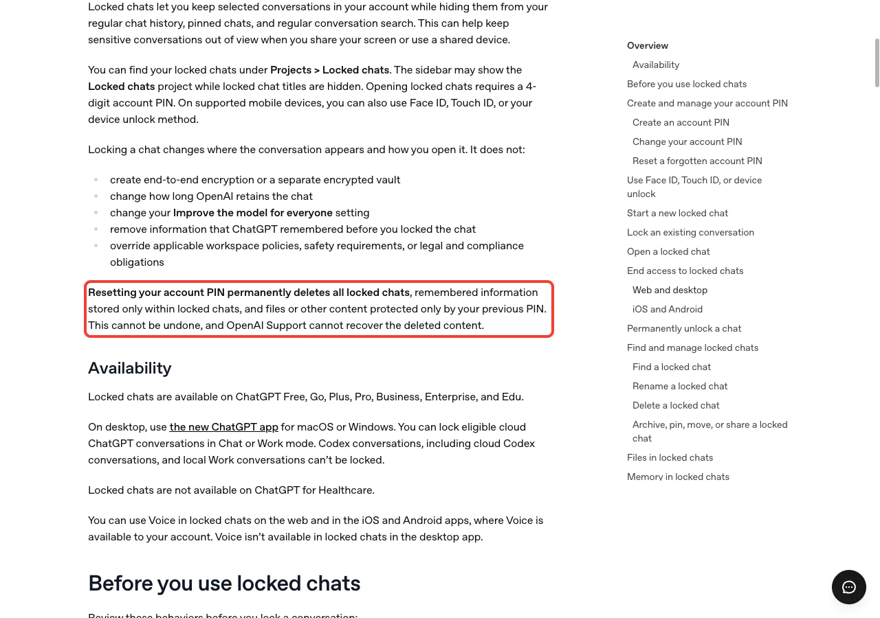 Help article warning that resetting your account PIN permanently deletes all locked chats, highlighted in a red box