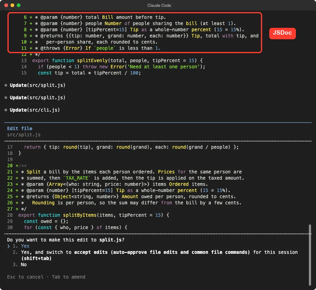 Claude Code diff for src/split.js showing JSDoc lines for param, returns and throws on the splitEvenly function, highlighted, with a second edit waiting for approval