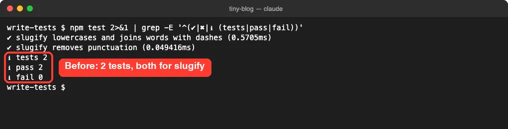 Terminal running npm test on the tiny-blog demo, showing two passing slugify tests and zero failures