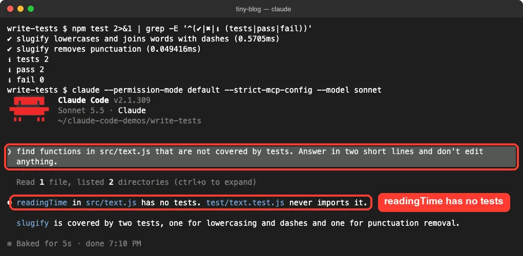 Claude Code answering that readingTime in src/text.js has no tests while slugify is covered by two tests