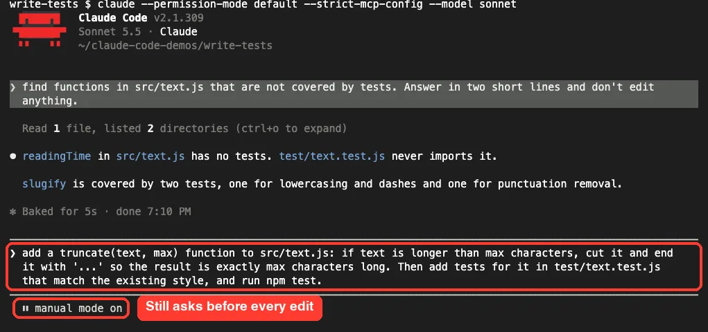 Claude Code prompt asking to add a truncate function to src/text.js, add matching tests to test/text.test.js and run npm test