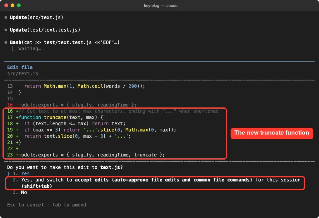 Claude Code edit permission prompt showing the diff that adds a truncate function and exports it from src/text.js