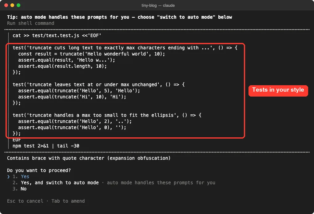 Claude Code shell command prompt showing three new node test cases for truncate written in the same style as the existing tests