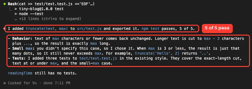 Claude Code summary saying it added truncate and npm test passes 5 of 5, with notes on behavior, small max values and the tests it added