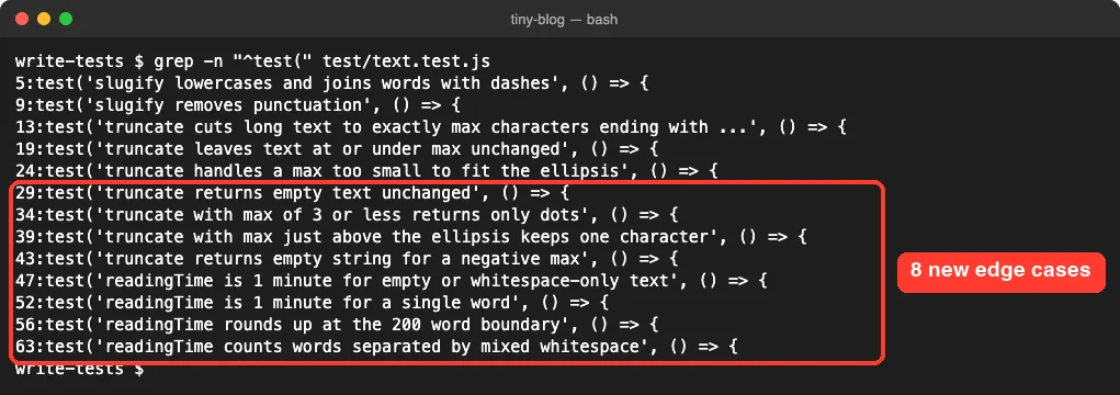 Terminal listing all thirteen test names in test/text.test.js, with the eight new edge-case tests highlighted