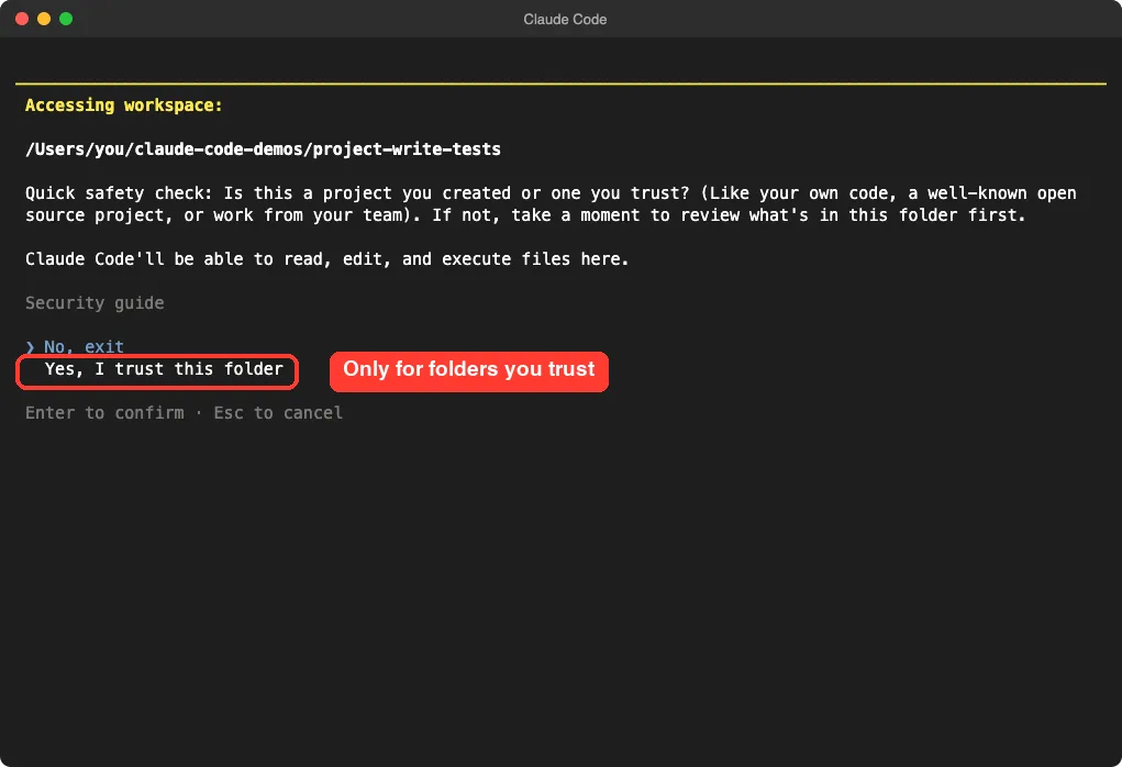 Claude Code trust prompt asking whether you trust the folder, with the option Yes I trust this folder highlighted