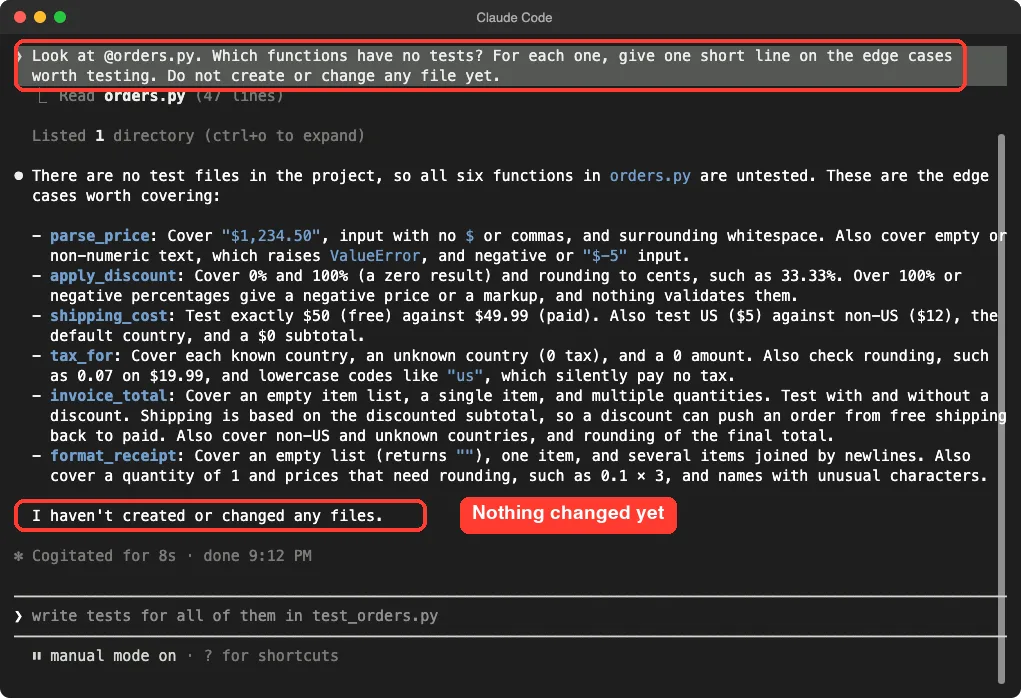 Claude Code listing the edge cases to test for parse_price, apply_discount, shipping_cost, tax_for, invoice_total and format_receipt, with the prompt and the note that no files changed highlighted