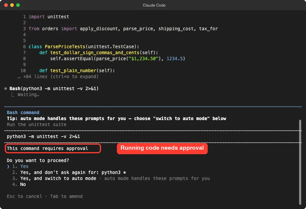 Claude Code asking for approval to run python3 -m unittest, with the message that this command requires approval highlighted