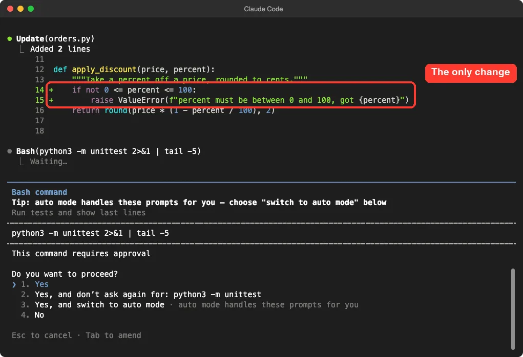 Claude Code showing the two added lines in orders.py that raise ValueError when percent is outside 0 to 100, highlighted