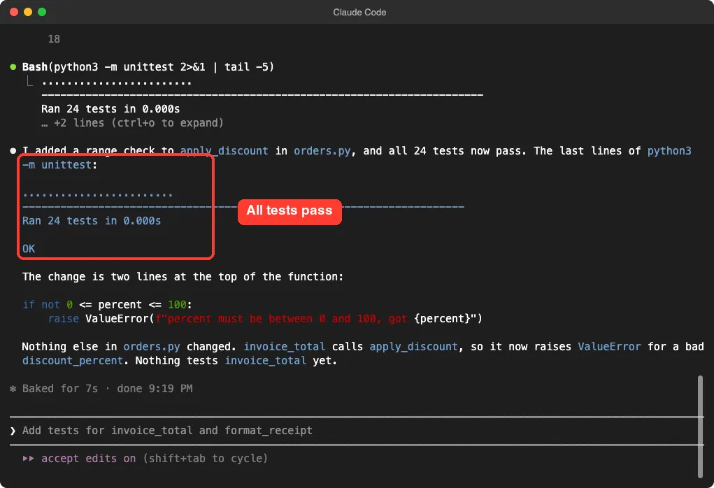 Claude Code output showing Ran 24 tests and OK, with the passing result highlighted