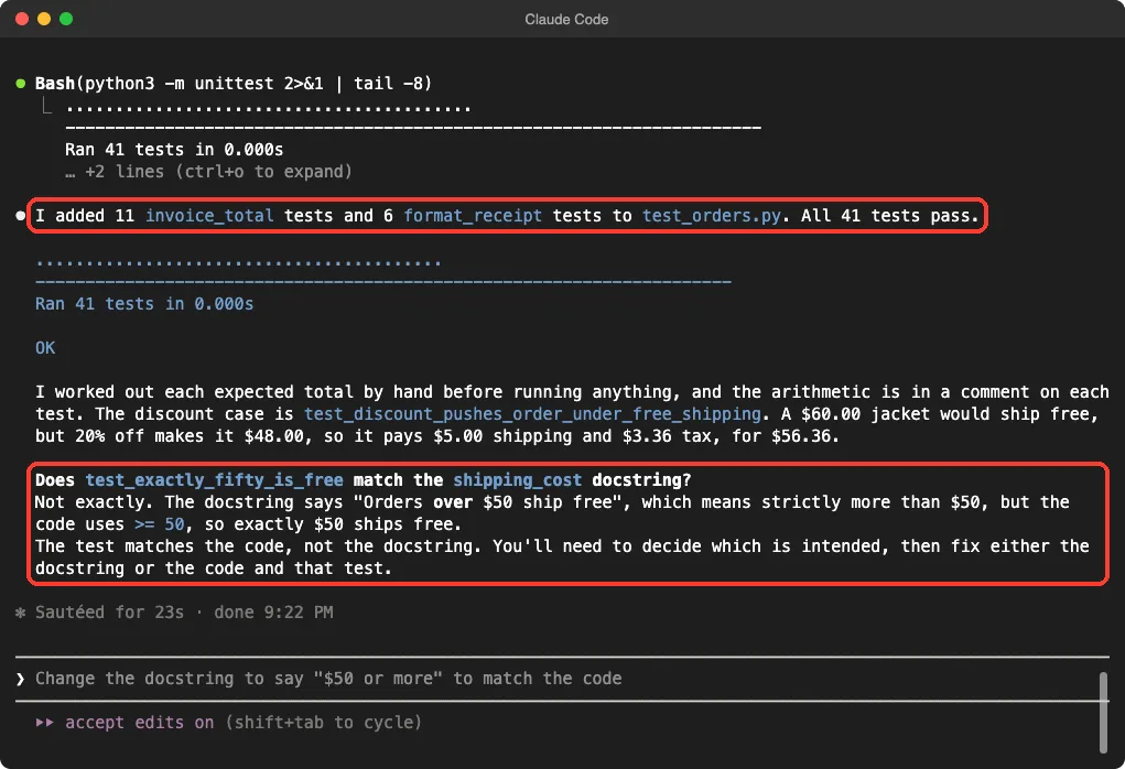 Claude Code reporting 11 invoice_total tests and 6 format_receipt tests added with all 41 tests passing, and the answer about the 50 dollar docstring highlighted