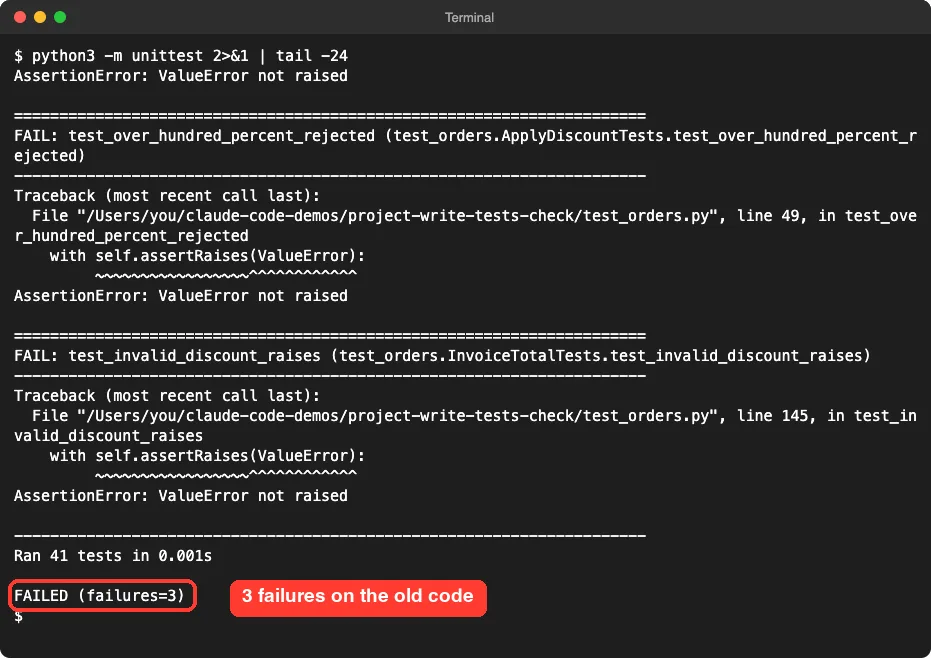 Terminal showing the final tests run against the original code with FAILED failures equals 3 highlighted