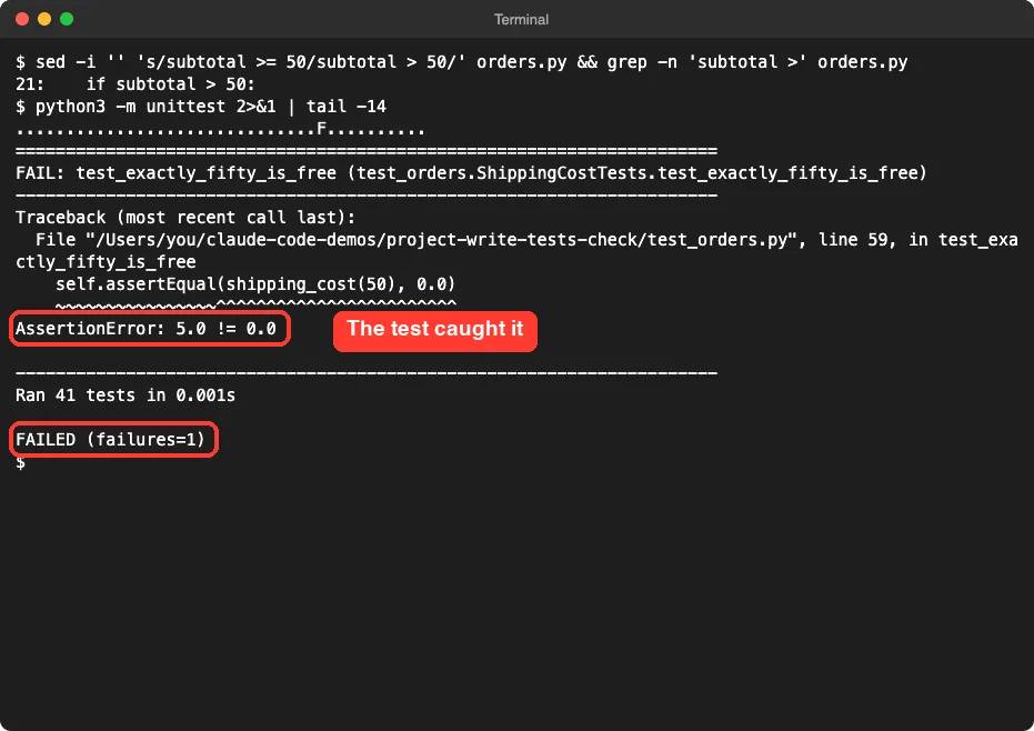 Terminal showing a sed command that changes the shipping check, then the test run failing with test_exactly_fifty_is_free and the message 5.0 does not equal 0.0