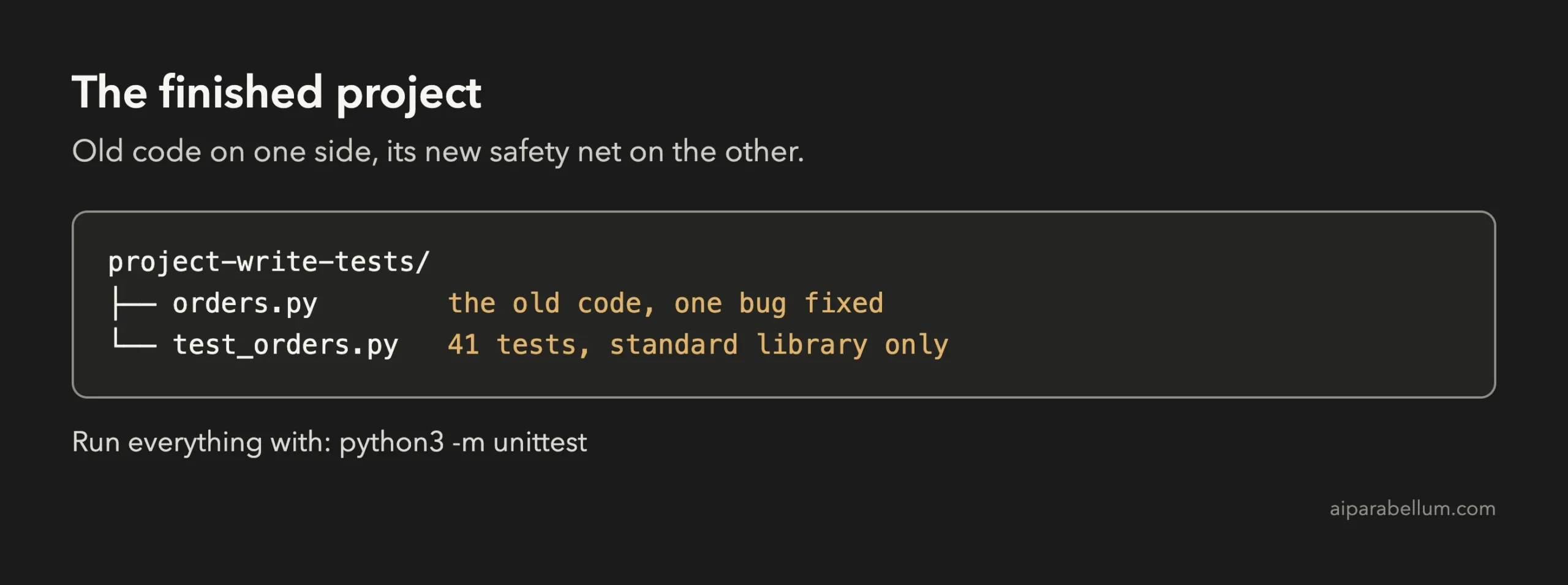 Folder tree showing orders.py with one bug fixed and test_orders.py with 41 tests